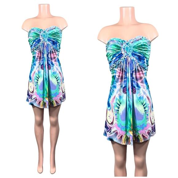 SKY WATERCOLOR MINI DRESS SZ L $120 - Picture 2 of 11